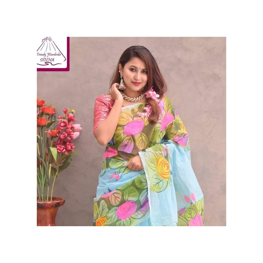 Half Silk Hand Printed  Saree for women no blouse piece  no blouse piece 