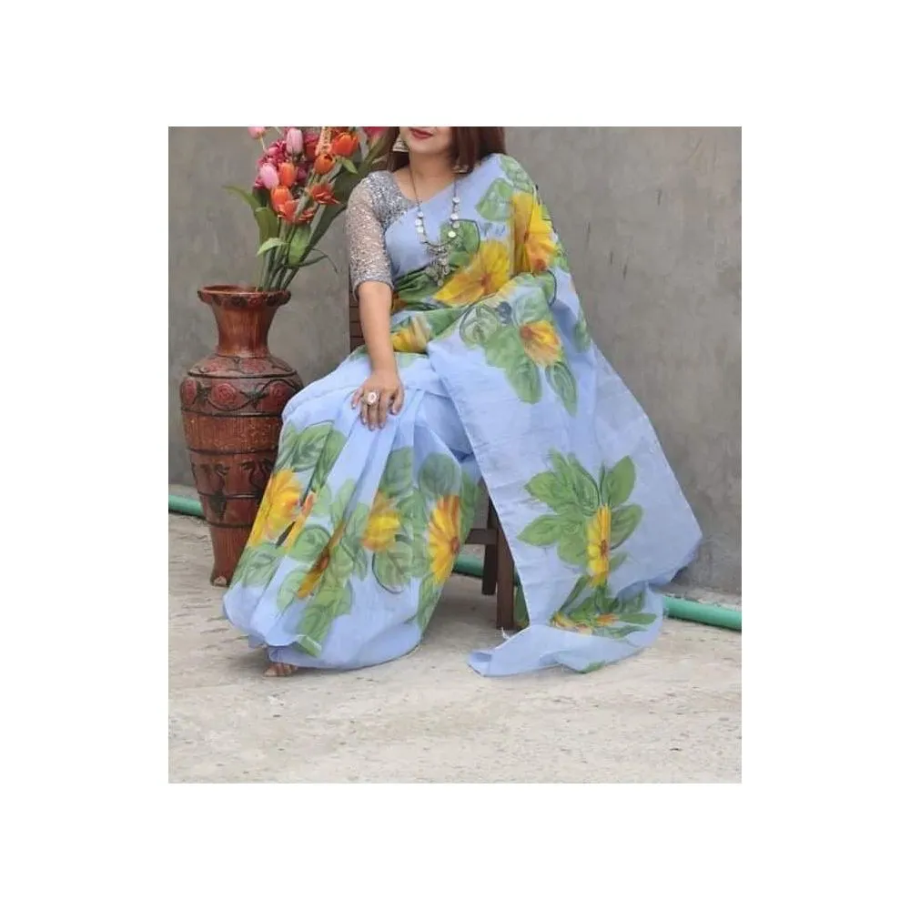 Half Silk Hand Printed  Saree for women no blouse piece 