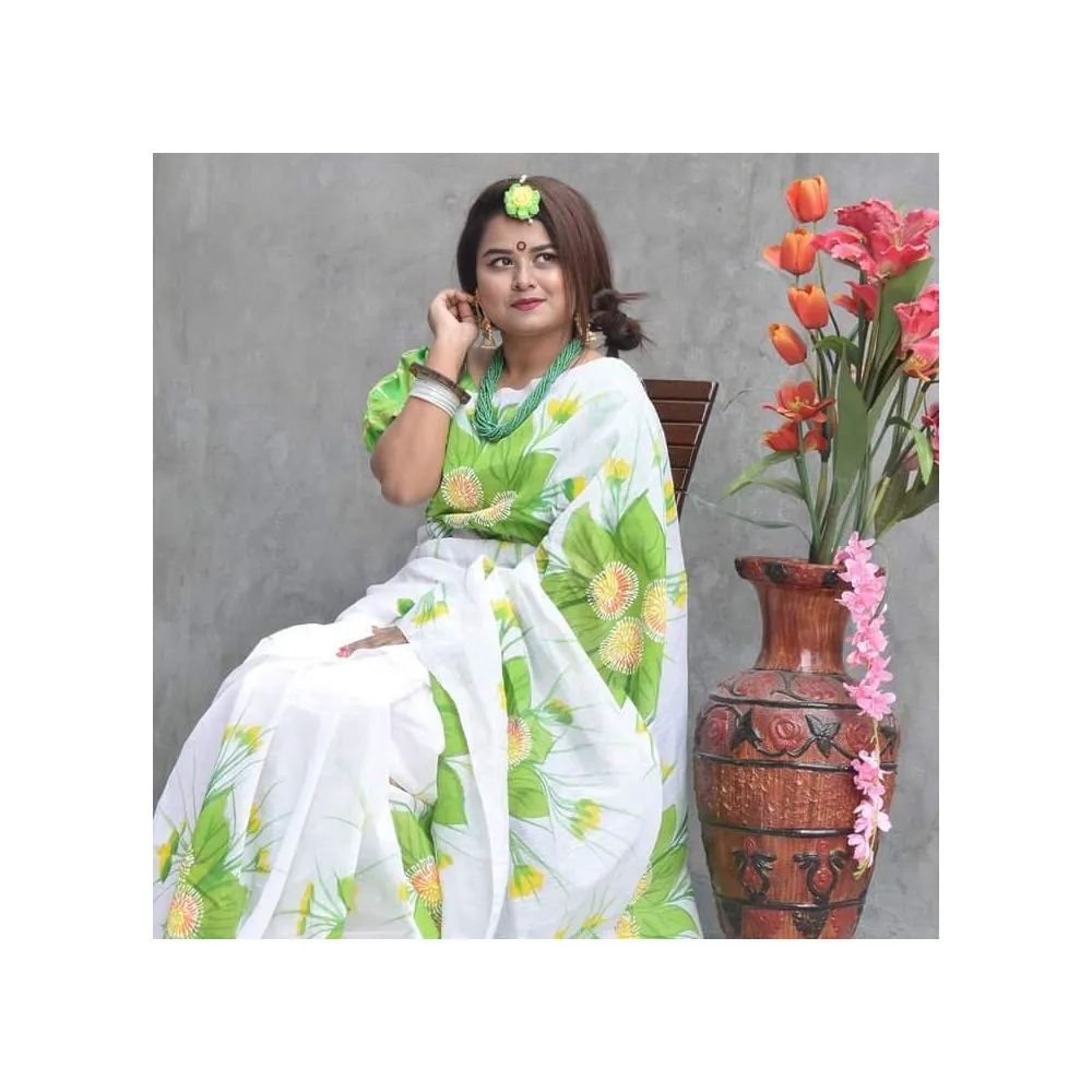 Half Silk Hand Printed  Saree for women no blouse piece 