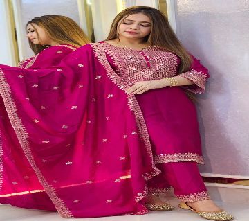 Linen Embroidery Sequence Work Readymade Three Piece for Women