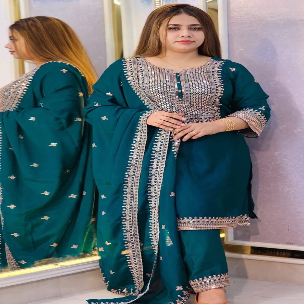Linen Embroidery Sequence Work Readymade Three Piece for Women