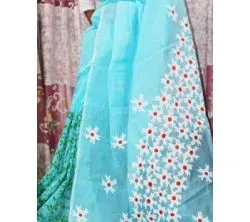 Sky Blue Color Half Silk Hand print Saree For Women-no Blouse piece 