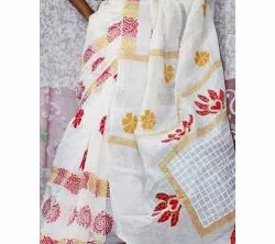white Color Half Silk Block print Saree For Women-no Blouse piece 