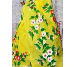 yellow Color Half Silk Hand printed Saree For Women-no Blouse piece 