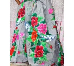 Ash Color Half Silk Hand printed Saree For Women No blouse piece 