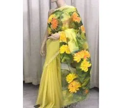 Yellow Color Half Silk Hand printed Saree For Women No blouse piece 
