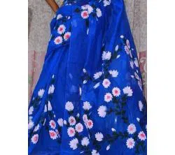 Blue Color Half Silk Hand printed Saree For Women No blouse piece 