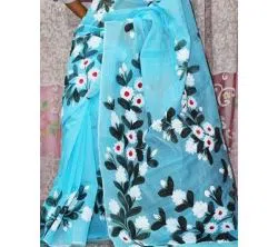 Sky Blue Color Half Silk Hand printed Saree For Women No blouse piece 