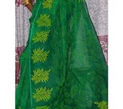 Green Color Half Silk Block print Saree For Women No blouse piece 