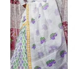 white Color Half Silk Block print Saree For Women No blouse piece 
