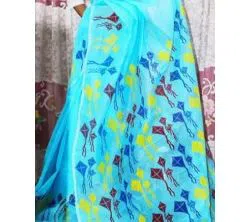 Sky Blue Color Half Silk Block print Saree For Women-No blouse piece 