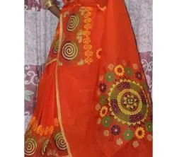orange Color Half Silk Block print Saree For Women-No blouse piece 