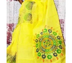 yellow  Color Half Silk Block print Saree For Women-No blouse piece 