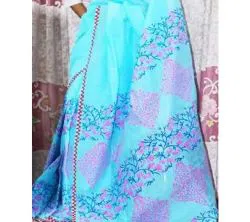 Sky Blue Color Half Silk Block print Saree For Women-No blouse piece 