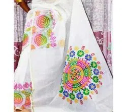 white  Color Half Silk Block print Saree For Women-No blouse piece 