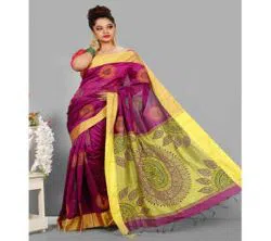 Deep Pink And Lemon Color Half Silk Block print Saree For Women-No blouse piece 