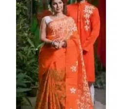 Half Silk Saree and Dhupian Silk Panjabi Combo for Couple-Orange 