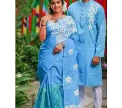 Half Silk Saree and Dhupian Silk Panjabi Combo for Couple-sky blue 