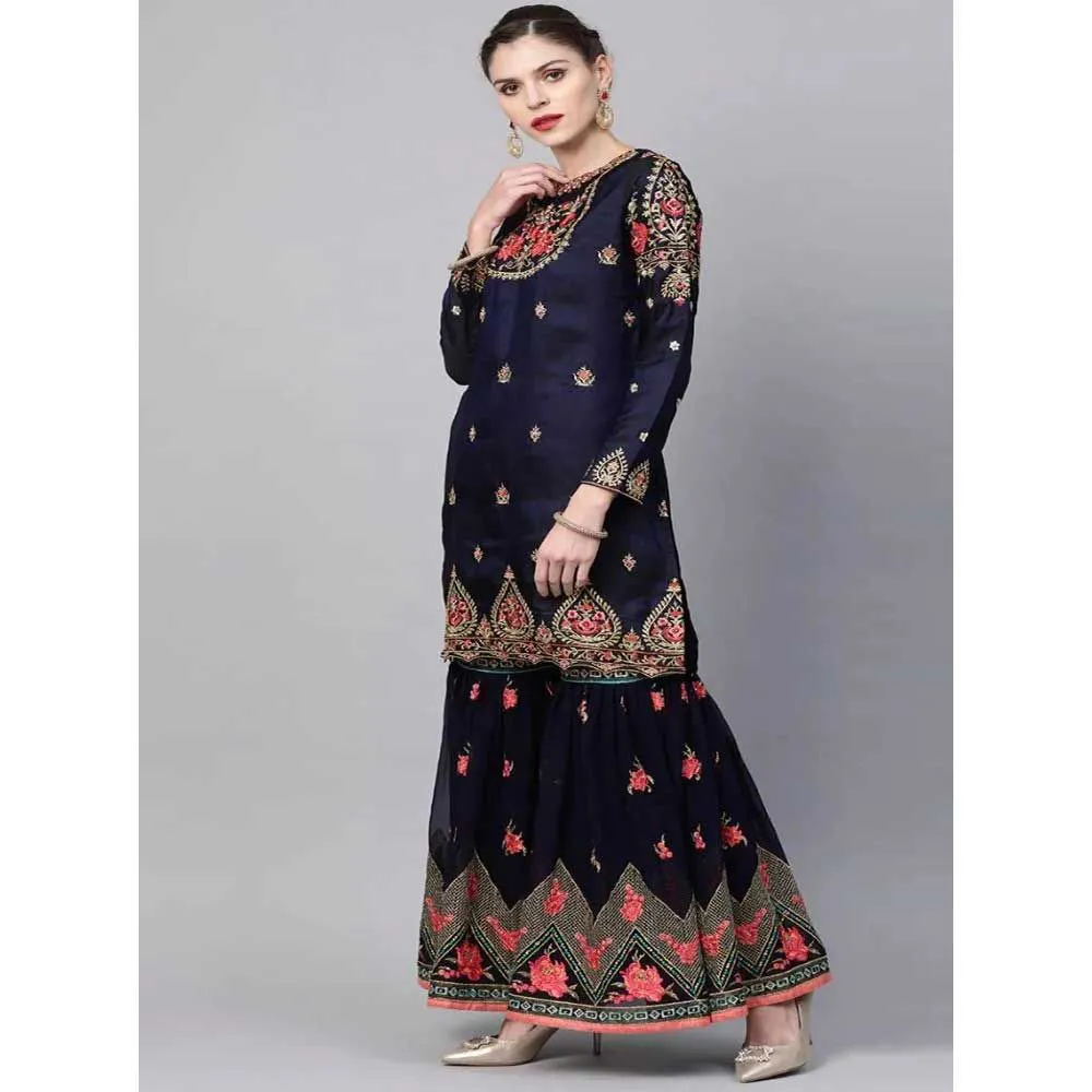 Navy Blue & Pink Made-To-Measure Zari Embroidered Unstitched Dress with Sharara & Dupatta 