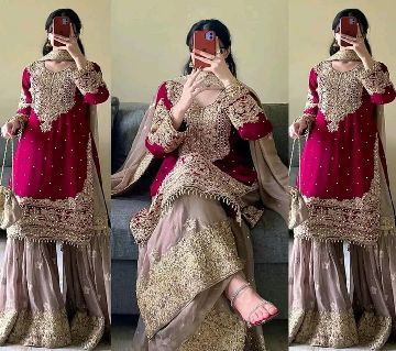 High Quality Embroidery New Stylish Readymade Party Sharara Suit Dress for Women