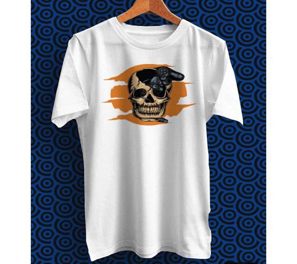 Human Skull With Controller White Polyester Half Sleeve T-Shirt for Men