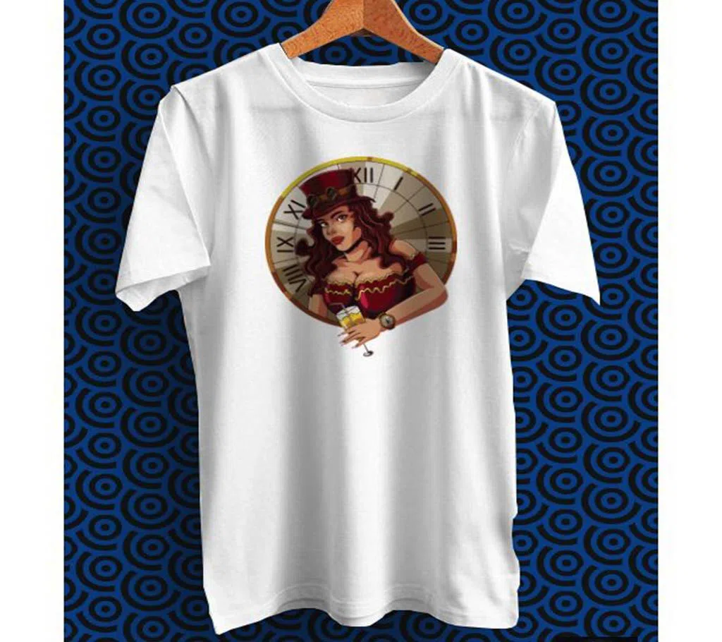 Beautiful Woman Steampunk White Polyester Half Sleeve T-Shirt for Men