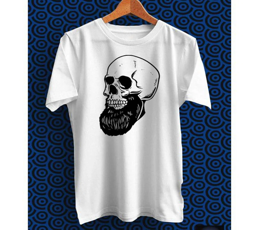 Bearded Skull White Polyester Half Sleeve T-Shirt for Men