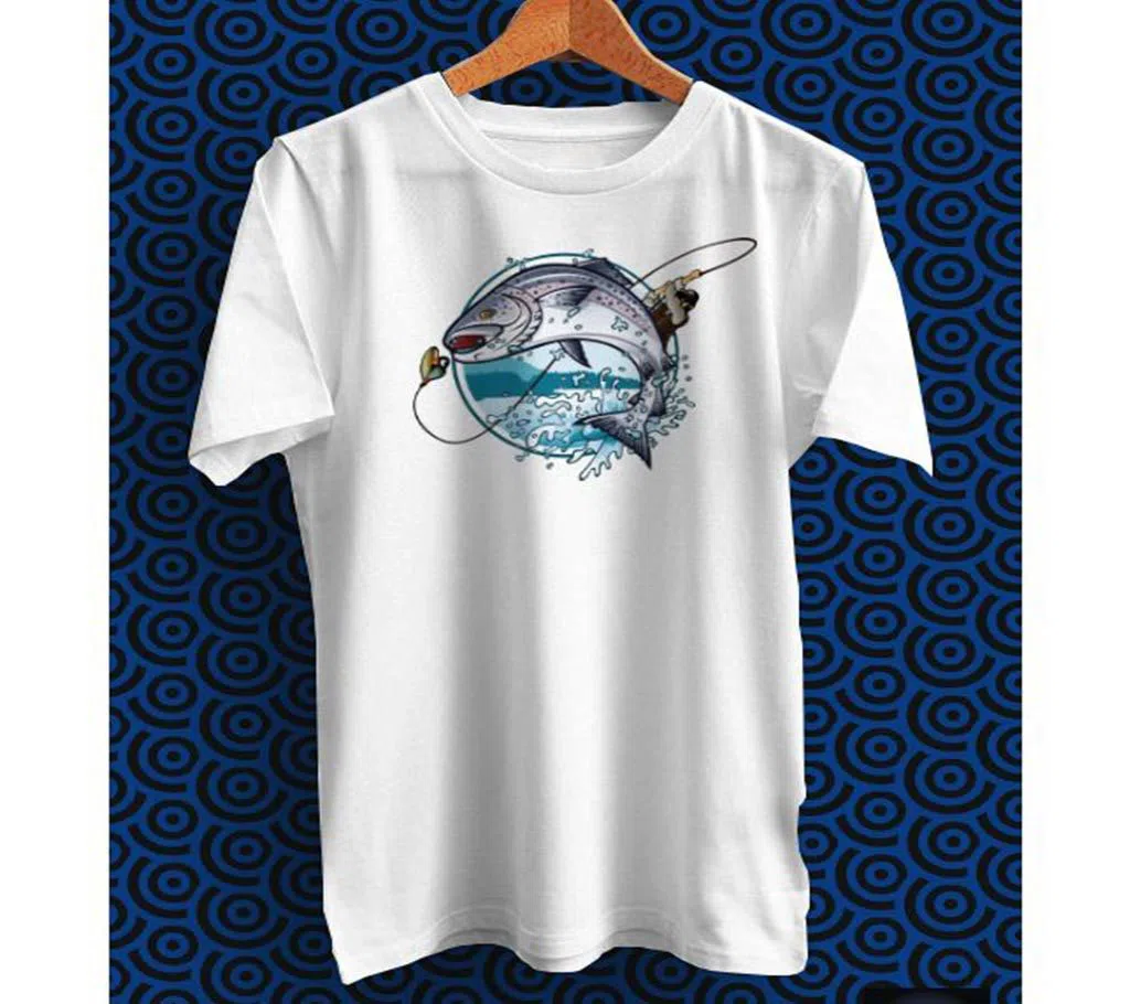 Fisherman Is Pulling Fish White Polyester Half Sleeve T-Shirt for Men