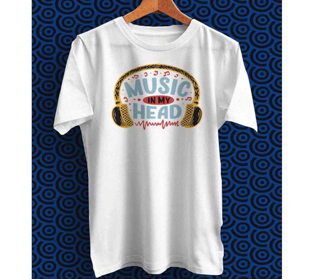 Music White Polyester Half Sleeve T-Shirt for Men