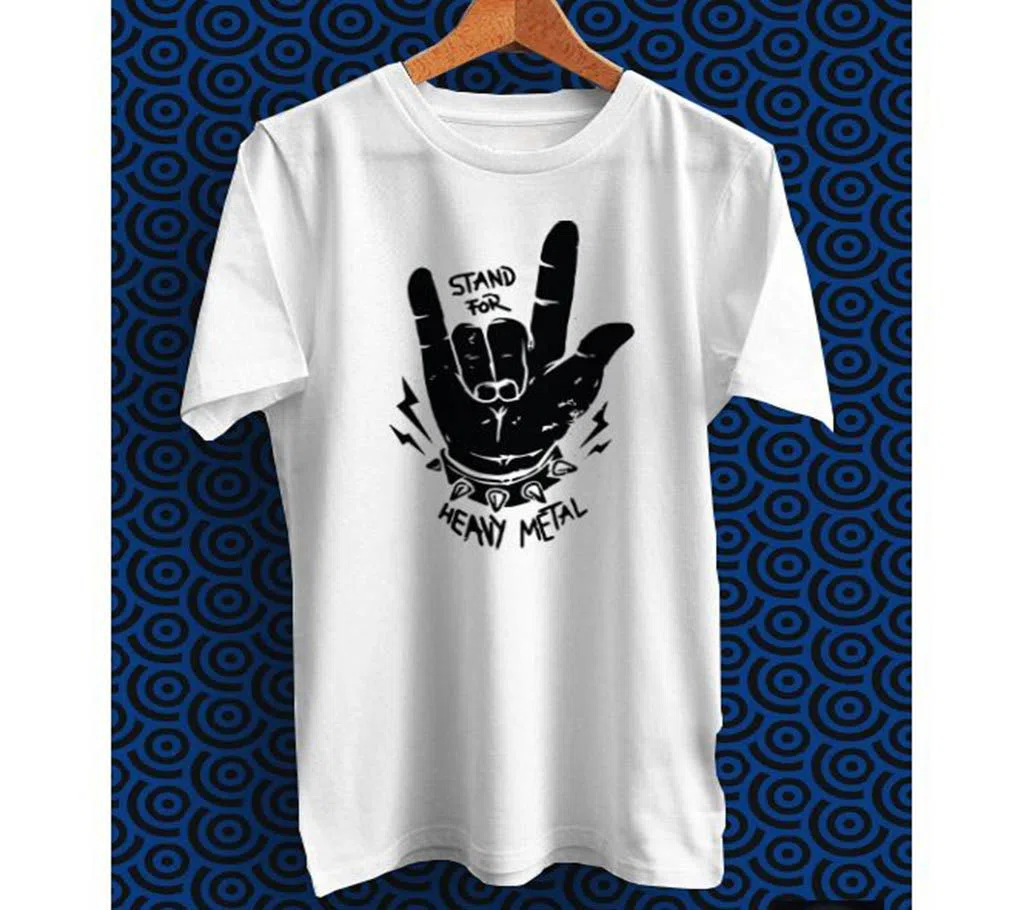 Stand Heavy Metal White Polyester Half Sleeve T-Shirt for Men
