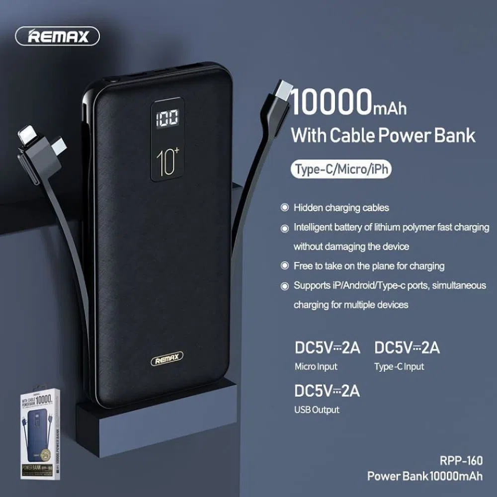 Remax RPP-160 10000mah Slim Power Bank With USB Cable