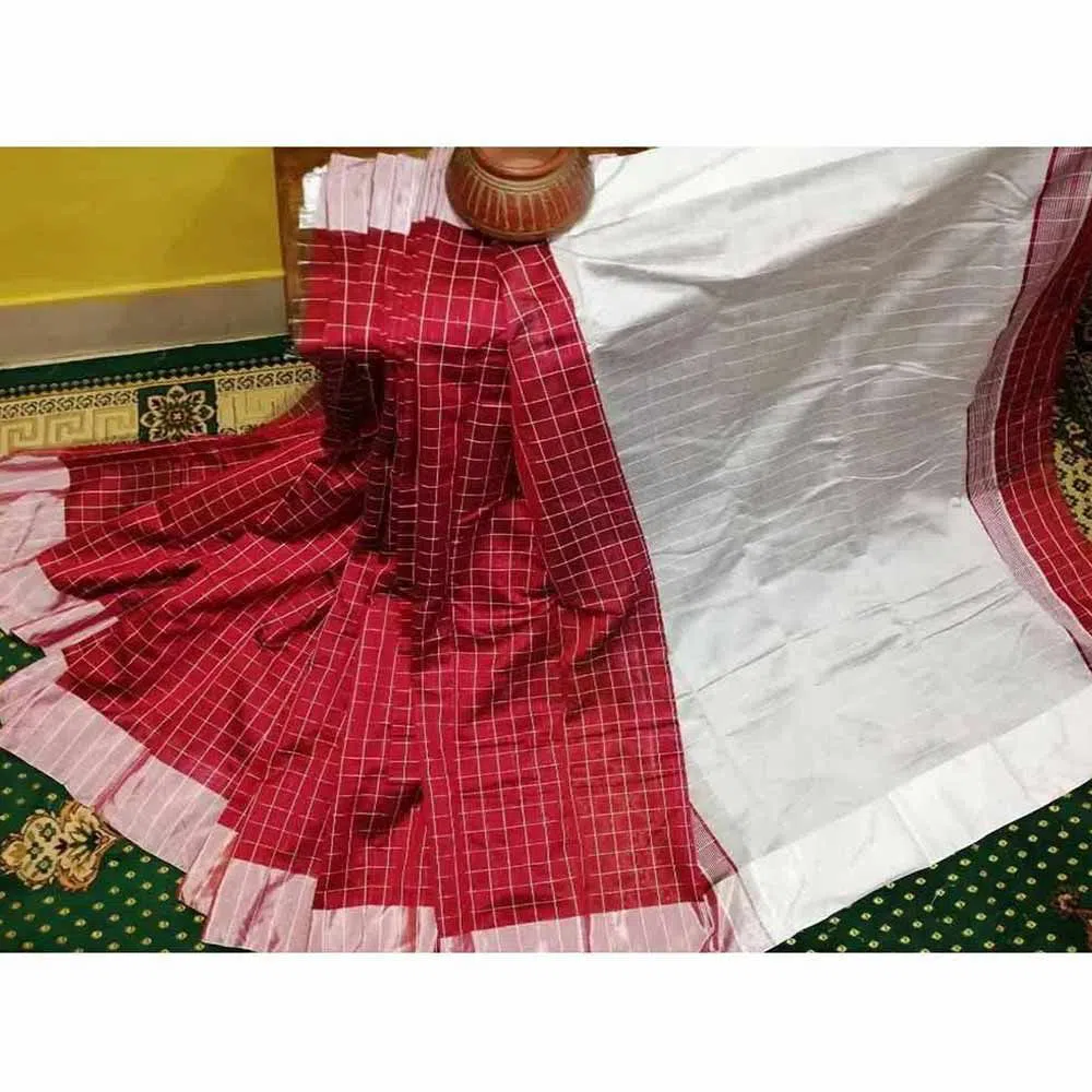 Red Color Dhupian Check Sharee For Women