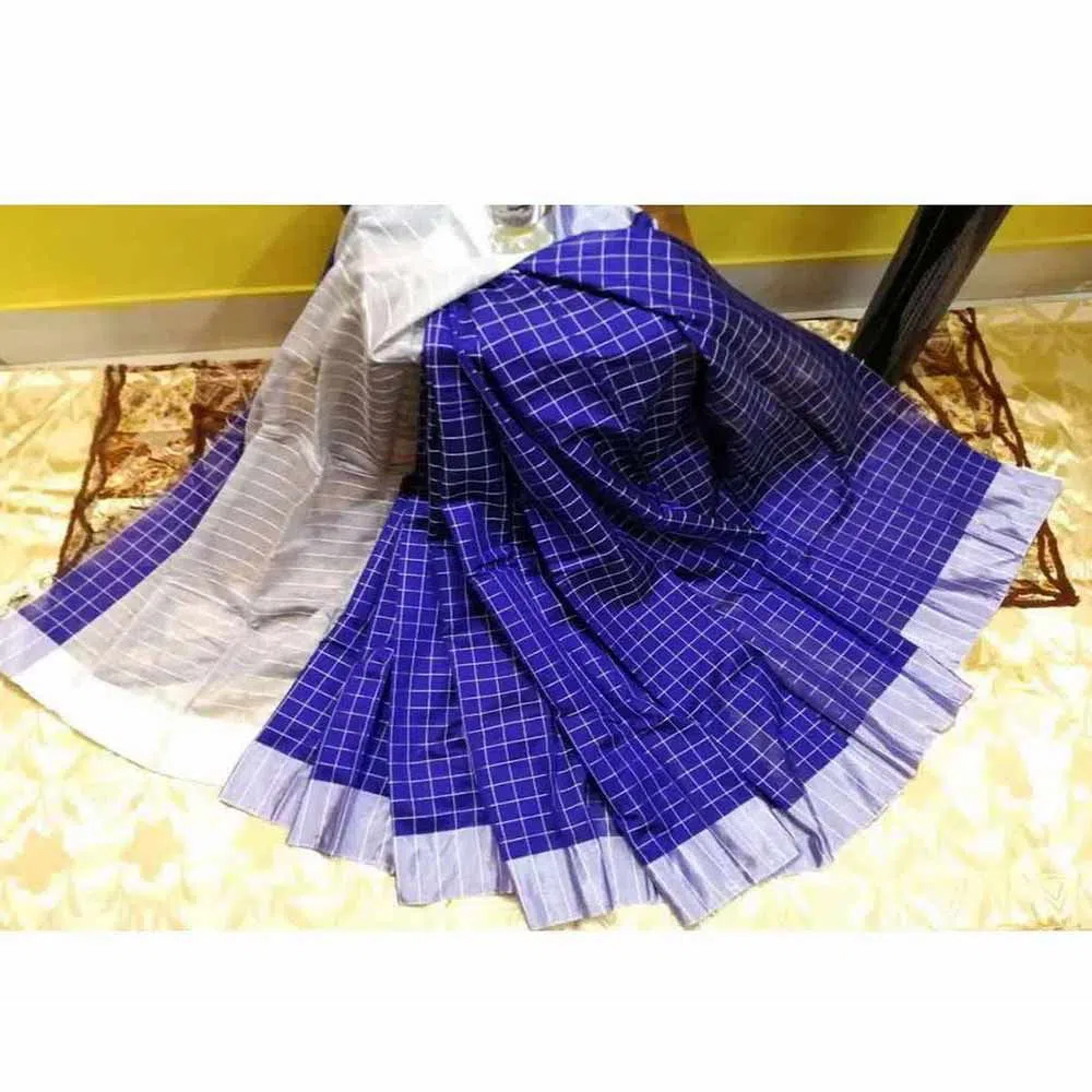 Blue Color Dhupian Check Sharee For Women
