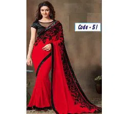 Indian Weightless Georgette Replica  Sharee With Blouse Pcs Red & Black