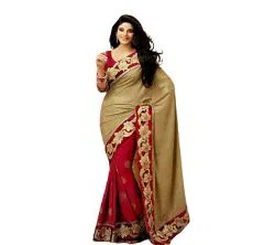 Indian Weightless Georgette Replica  Sharee With Blouse Pcs Golden & Red