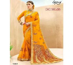 Indian Weightless Georgette Replica  Sharee With Blouse Pcs Yellow