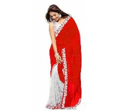 Indian Weightless Georgette Replica  Sharee With Blouse Pcs Red & White
