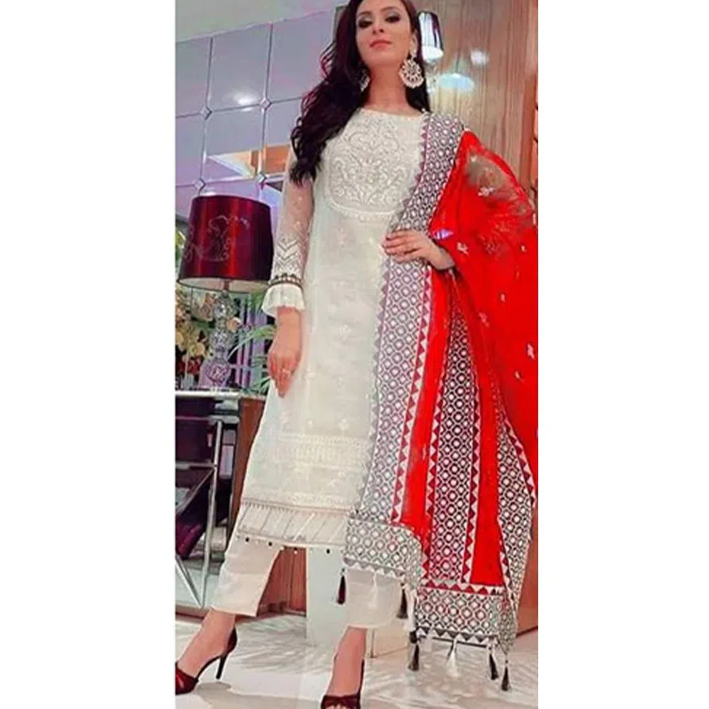 Indian Replica Unstitched Salwar Kameez White & Red