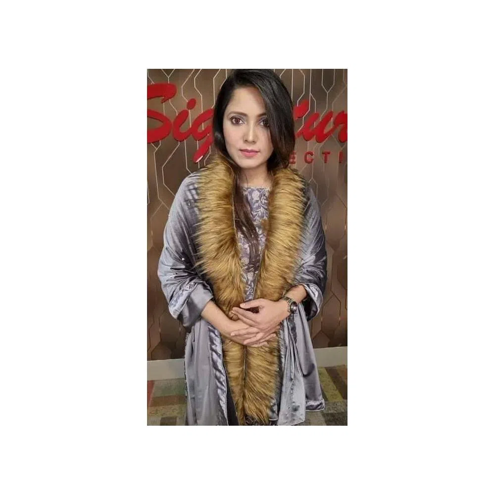 Velvet Winter Shawl with Fur & Stone works, Comfortable Soft Winter Wear