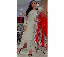Un-stitched Weightless Georgette Party Wear Embroidery Design Shalwar Kameez Suits For Women White & Red