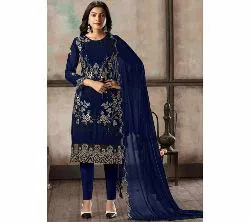 Semi-Stitched Weightless Georgette Party Wear Embroidery Design Shalwar Kameez Suits For Women Blue