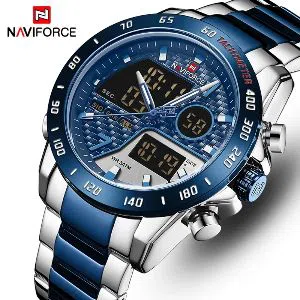 NAVIFORCE NF9171 Silver And Royal Blue Two-tone Stainless Steel Dual Wrist Watch For Men - Royal Blue & Silver