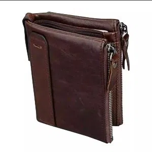Brown 100% leather card holder and two zipper pockets wallet for men