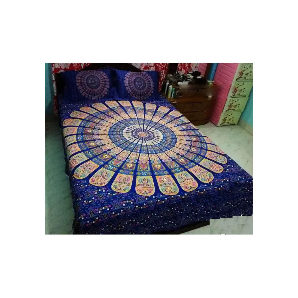 Cotton Fabric Multicolor Print 7.5 by 8.5 Feet Double King Size Bedsheet Set with Two Pillow Covers 