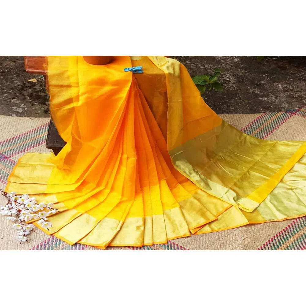 Fagun Special Yellow & Golden Halfsilk Saree for Women-No Blouse piece 