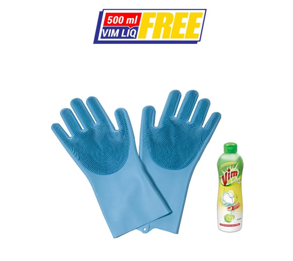 Magic Silicon Microwave and Dish Washing Cleaning Gloves - 1 set - Blue Color