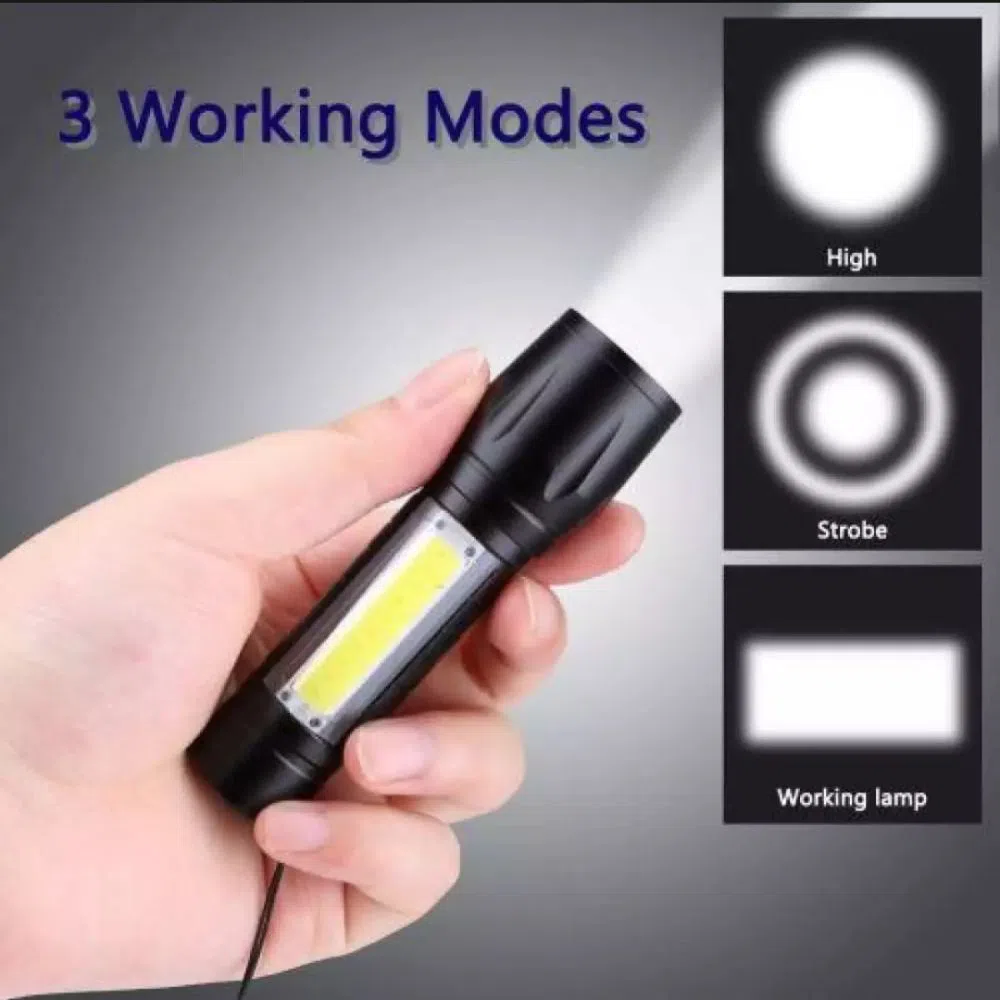 Telescopic Zoom Flash Ligh Xpe+COB, Rechargeable LED Mini Torch Light