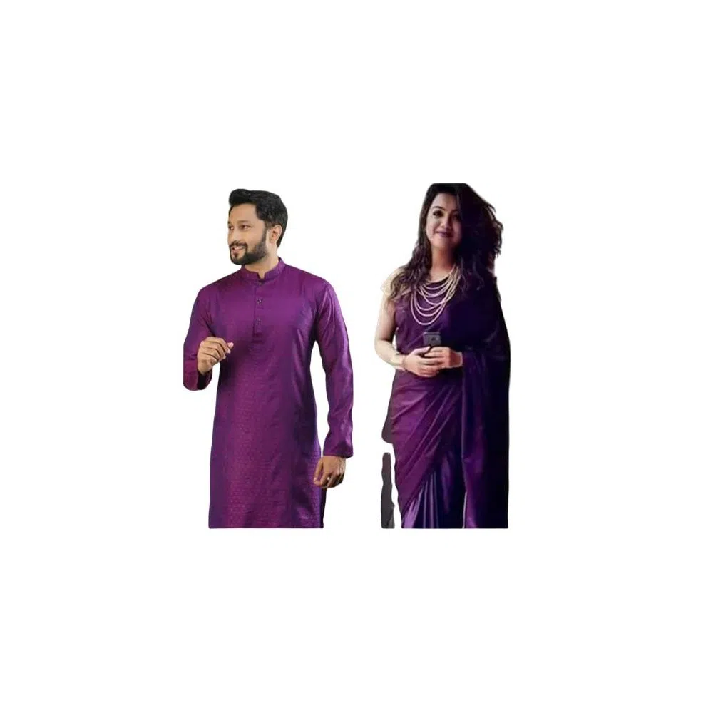 Silk saree panjabi combo purple no blouse piece with saree