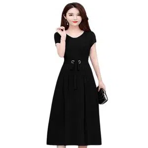 Woman Summer Pure Color Short Sleeves Mid-length Waisted Lace-up Dress Black