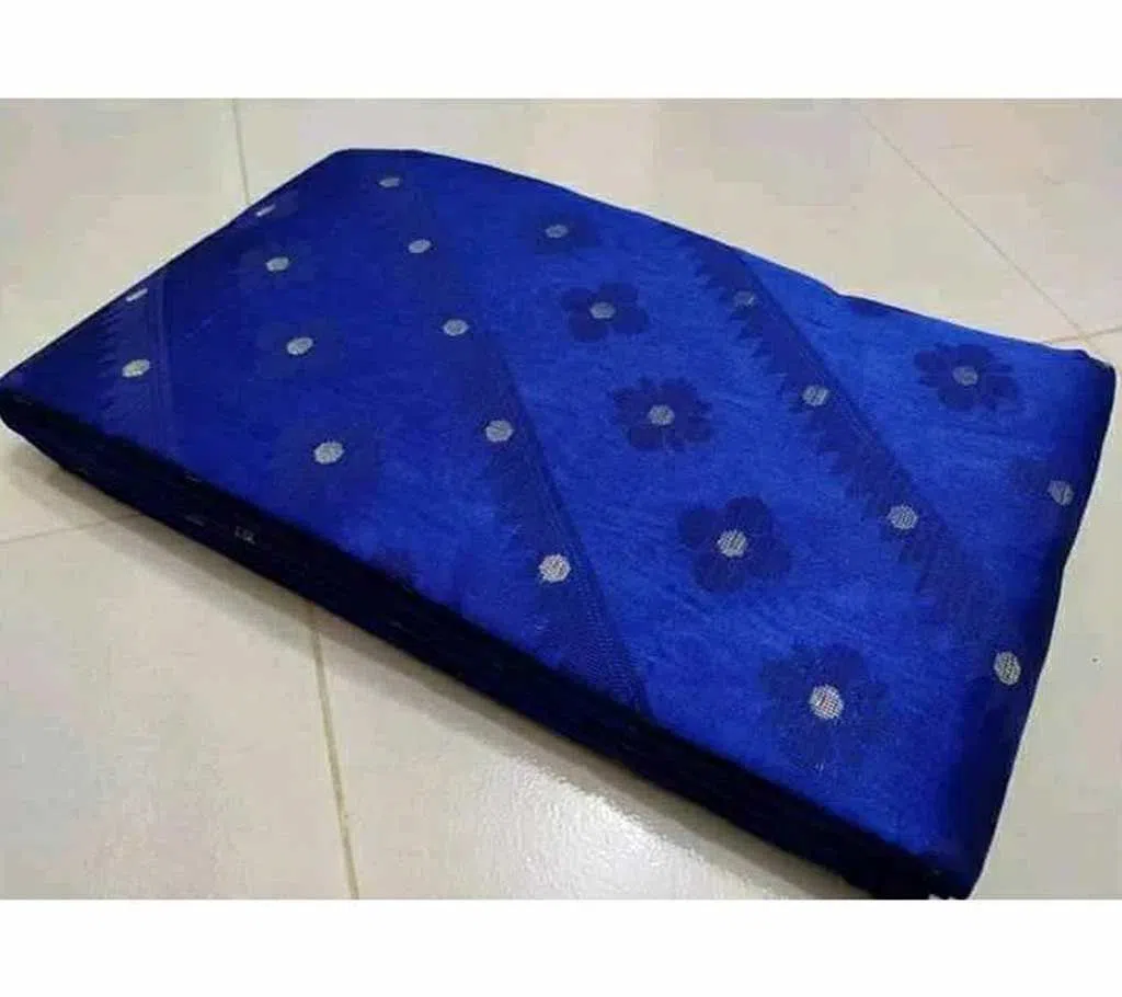 Half Silk Jamdani Saree For Women - Dark Blue 